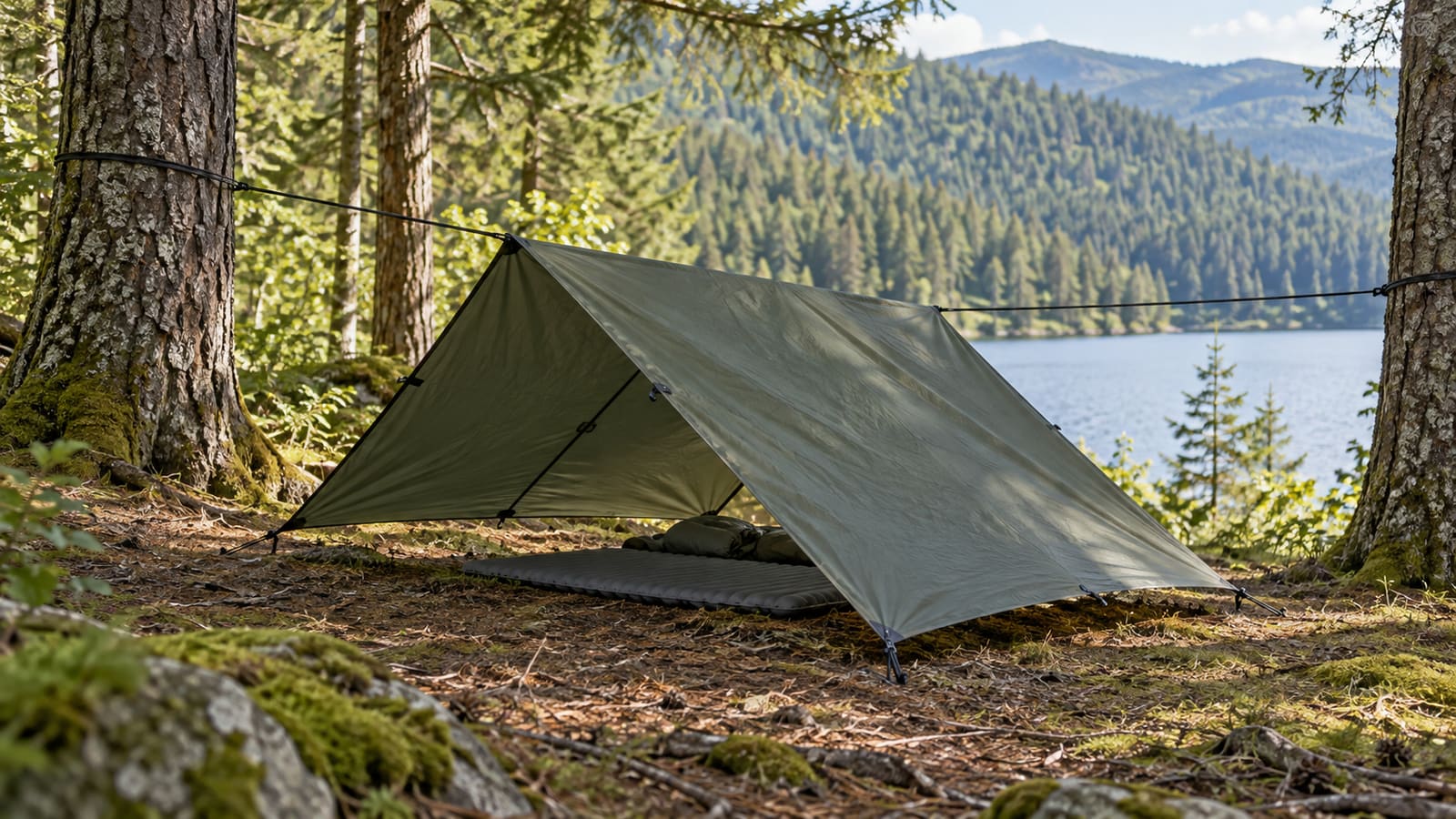 A-frame emergency tarp shelter showing ridgeline, secured corners, and protected sleeping space