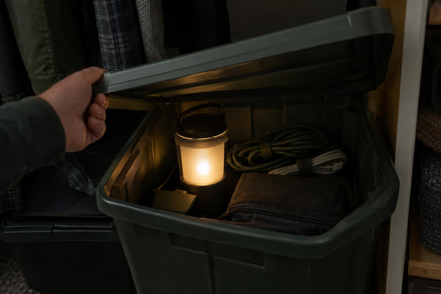 Opening a blackout kit storage bin in a closet, lantern glowing inside