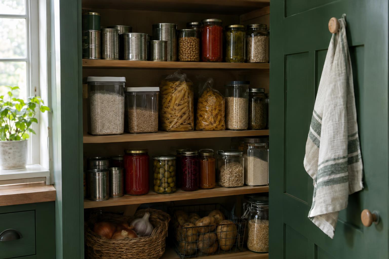 Open kitchen pantry cupboard with shelf-stable emergency food