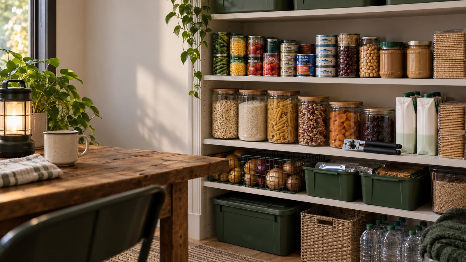 Organized household pantry containing practical shelf-stable emergency food