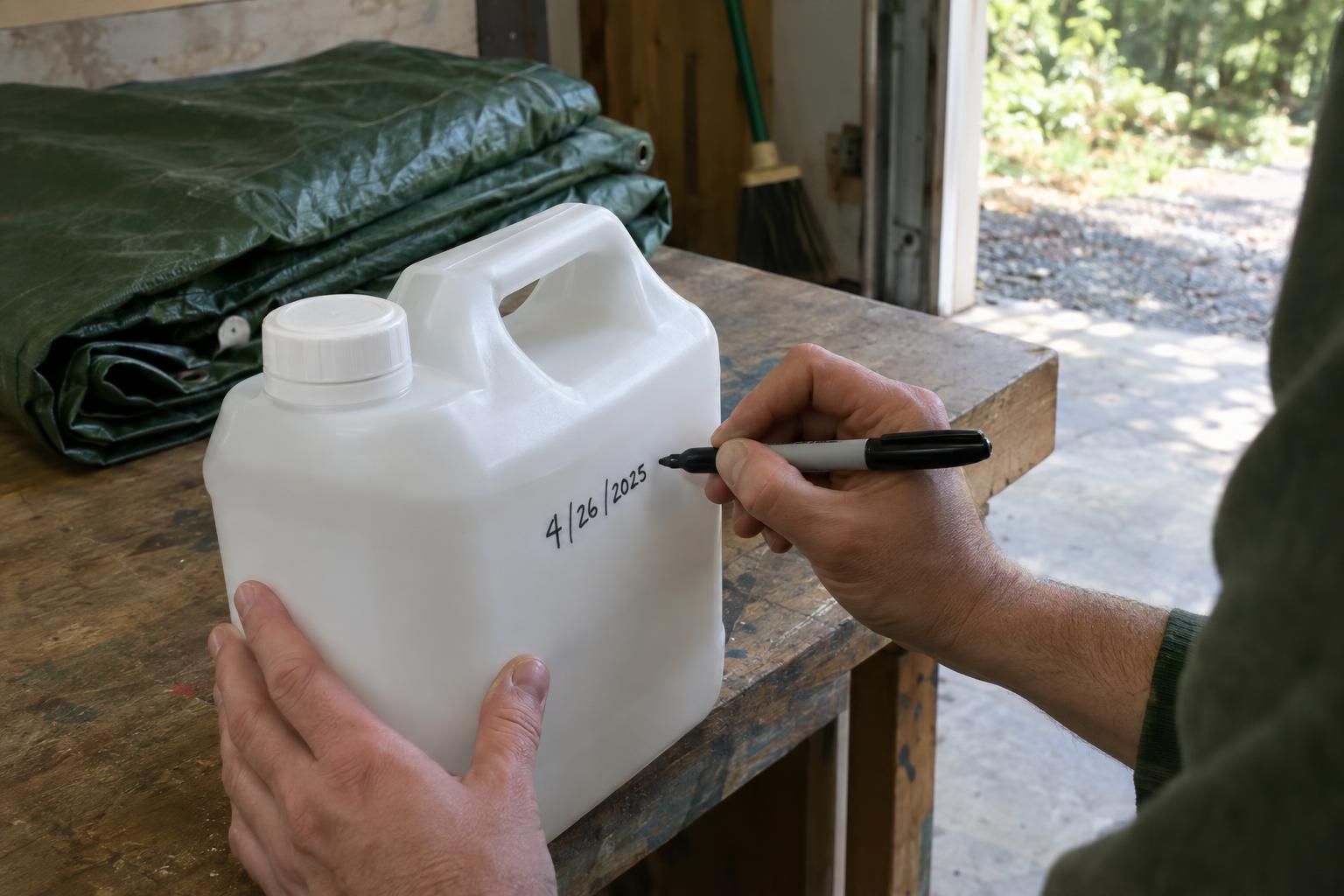 Labeling a food-grade water container with the storage date in a garage