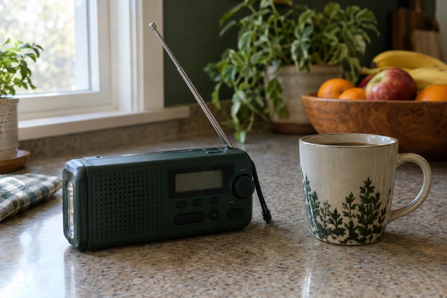 Emergency weather radio on the kitchen counter in the morning light