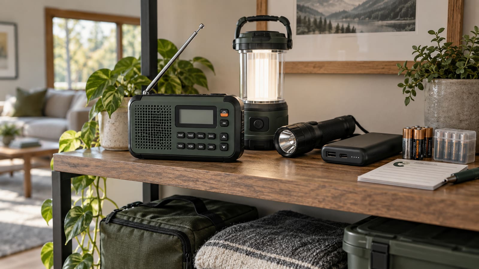 Emergency weather radio stored with household blackout and communication supplies