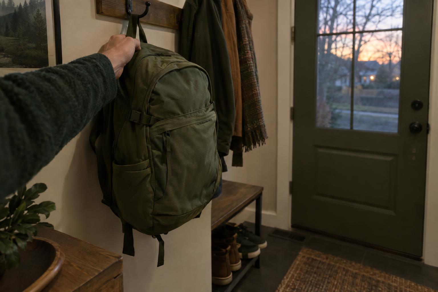 Grabbing a packed go-bag from a hook by the front door at dusk