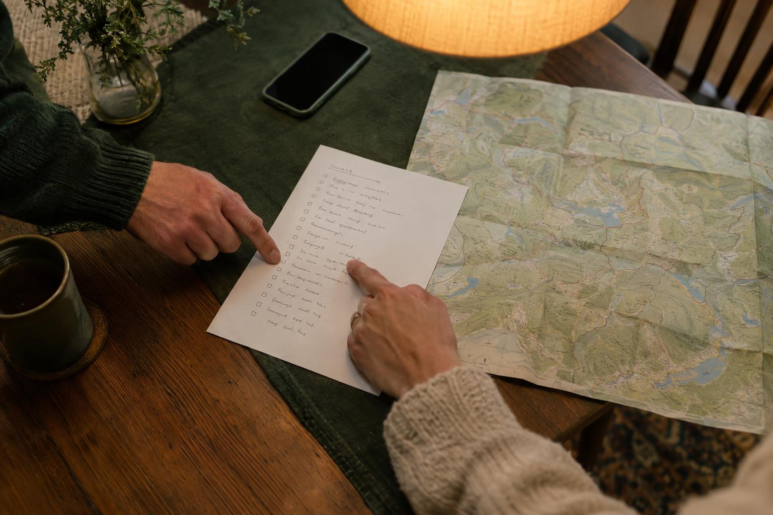 Reviewing a handwritten family emergency plan and map at the dining table