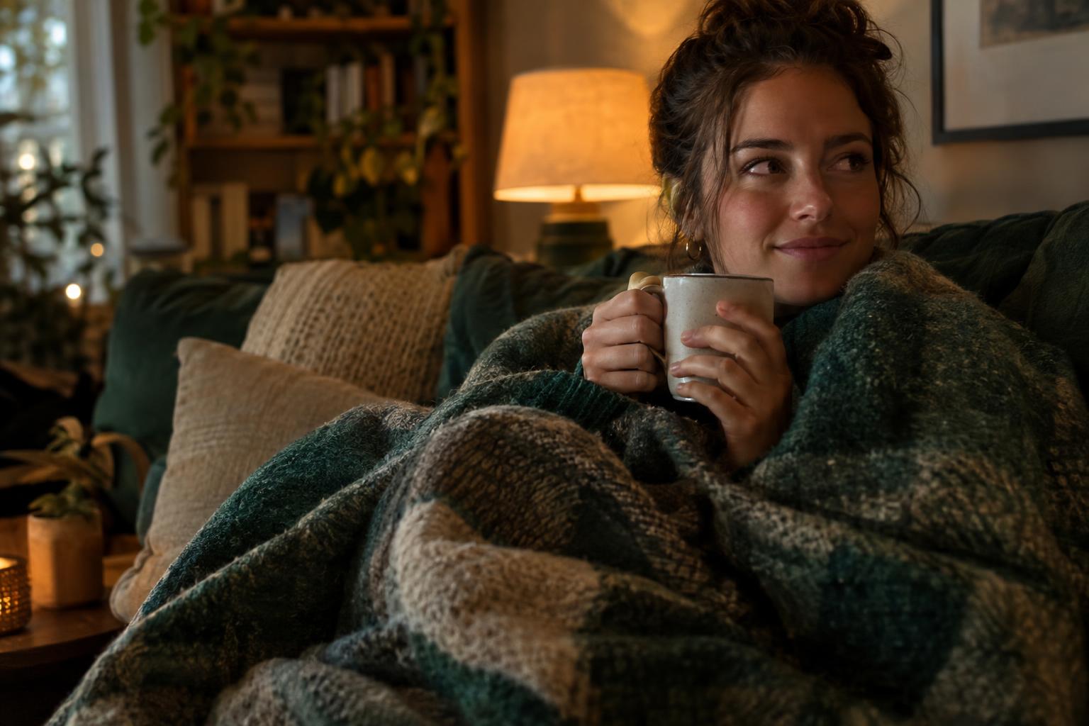 Staying warm wrapped in a blanket during a winter power outage