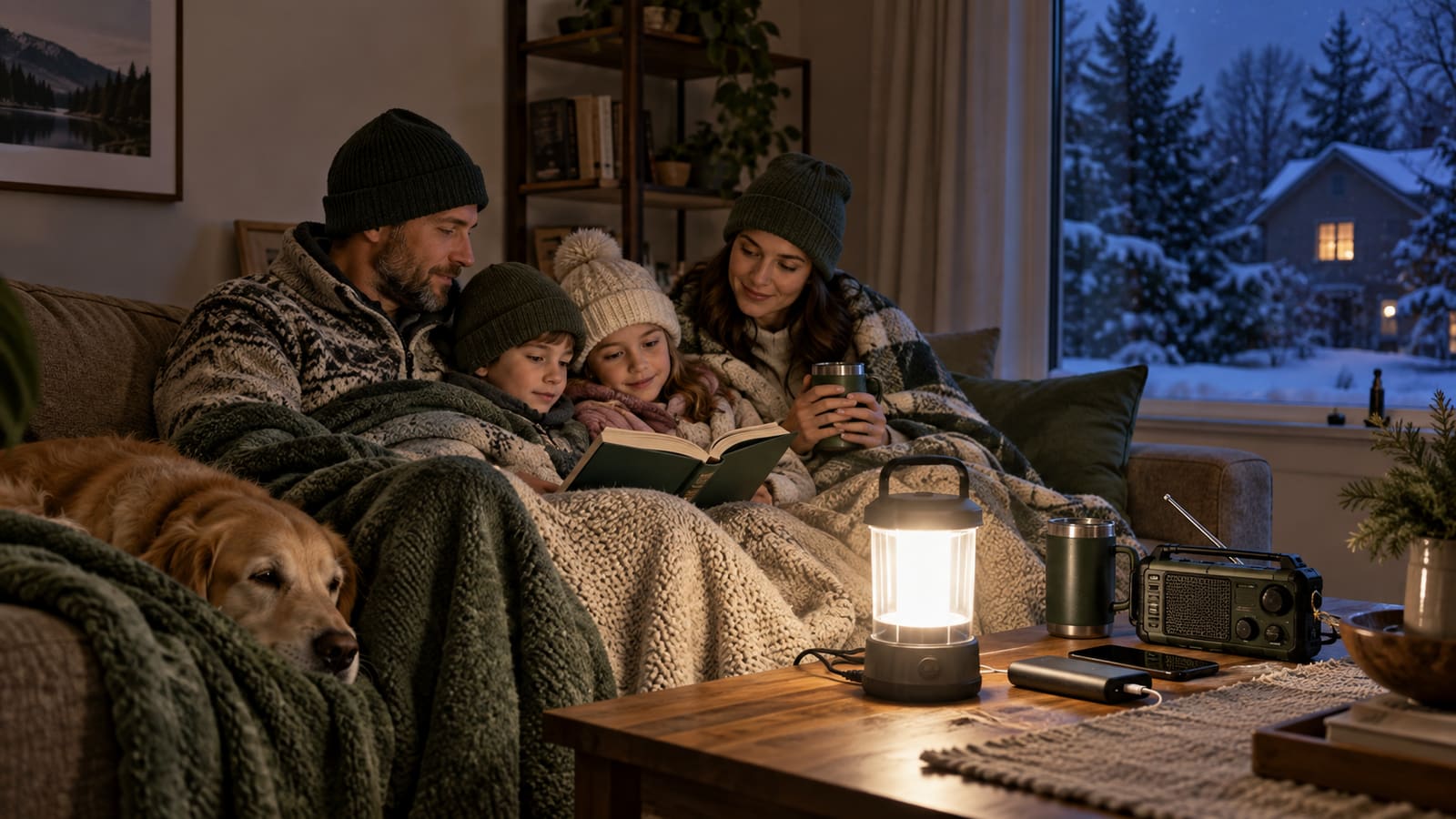 Family staying warm safely with blankets and battery-powered lighting during a winter power outage