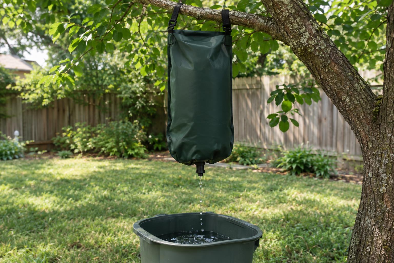 Gravity water filter set up outdoors, filtering into a container