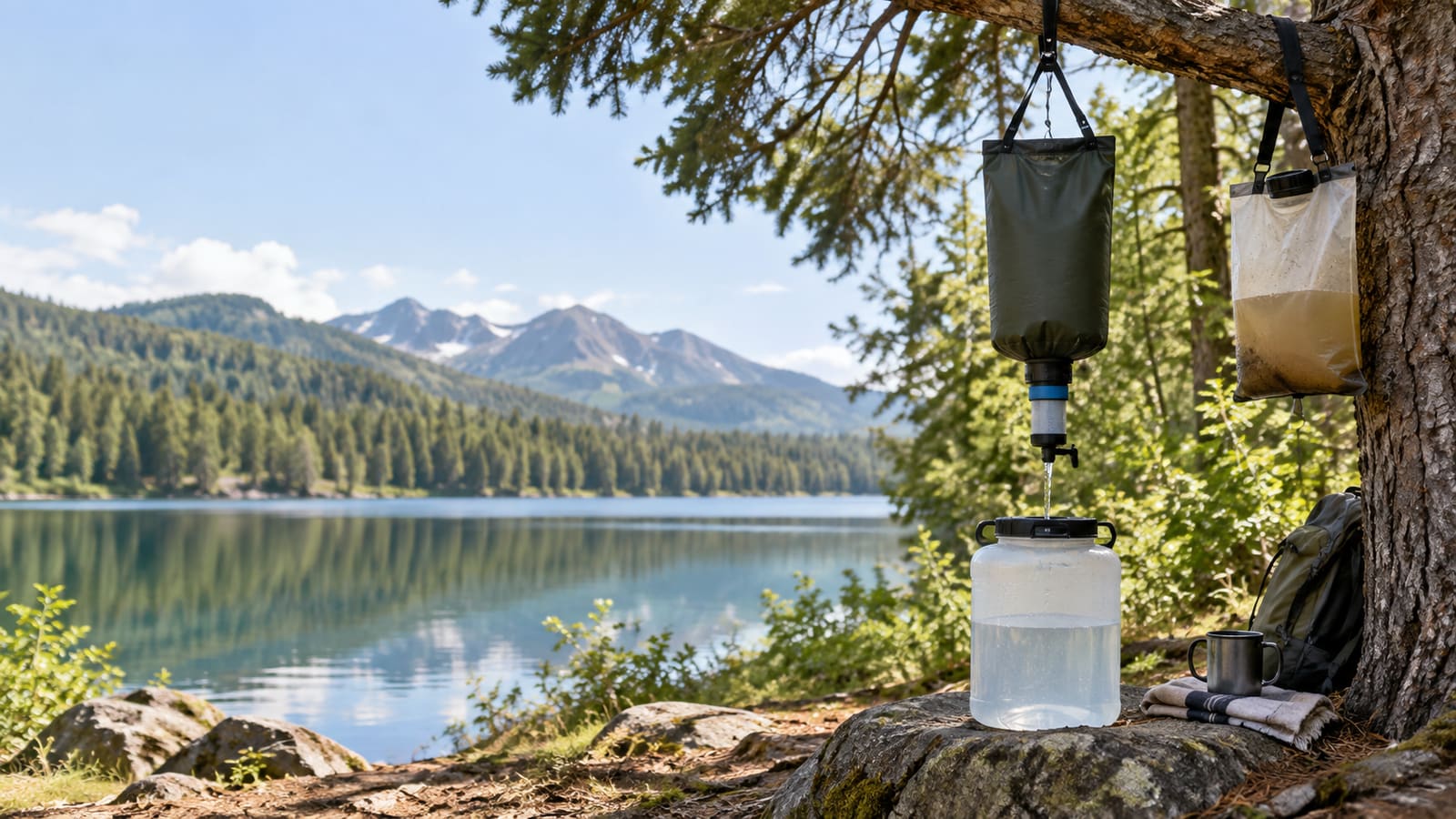 Gravity water filter being used as part of an emergency water-treatment setup