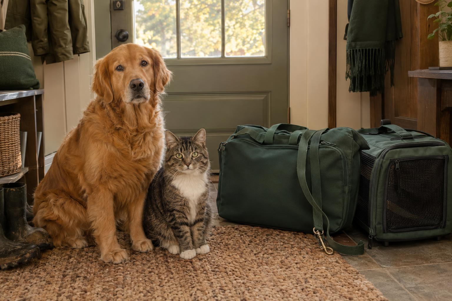 Dog and cat beside a packed pet emergency bag near the back door