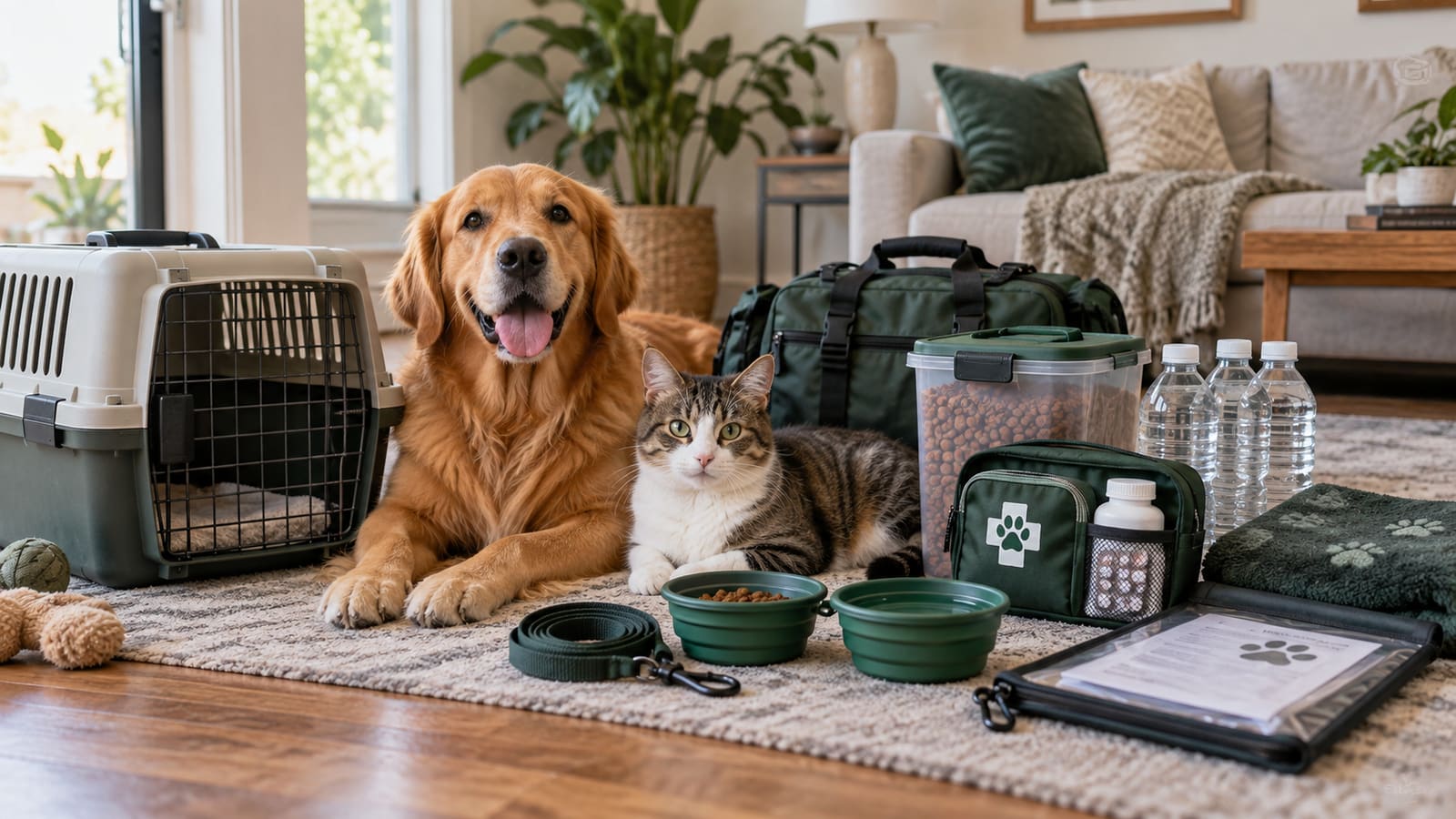 Dog and cat beside organized food, water, carrier, medication, and identification supplies for an emergency