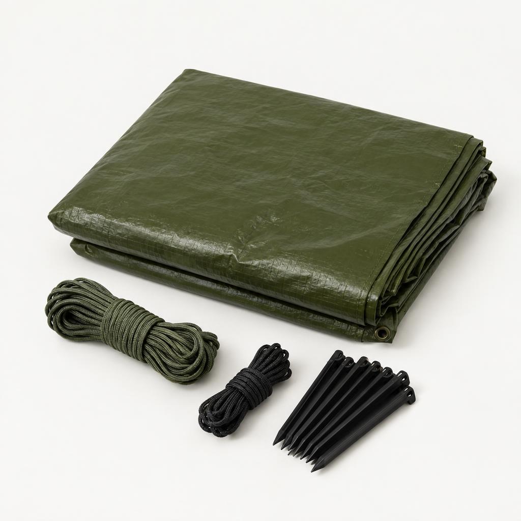 Emergency tarp shelter kit with cordage and stakes