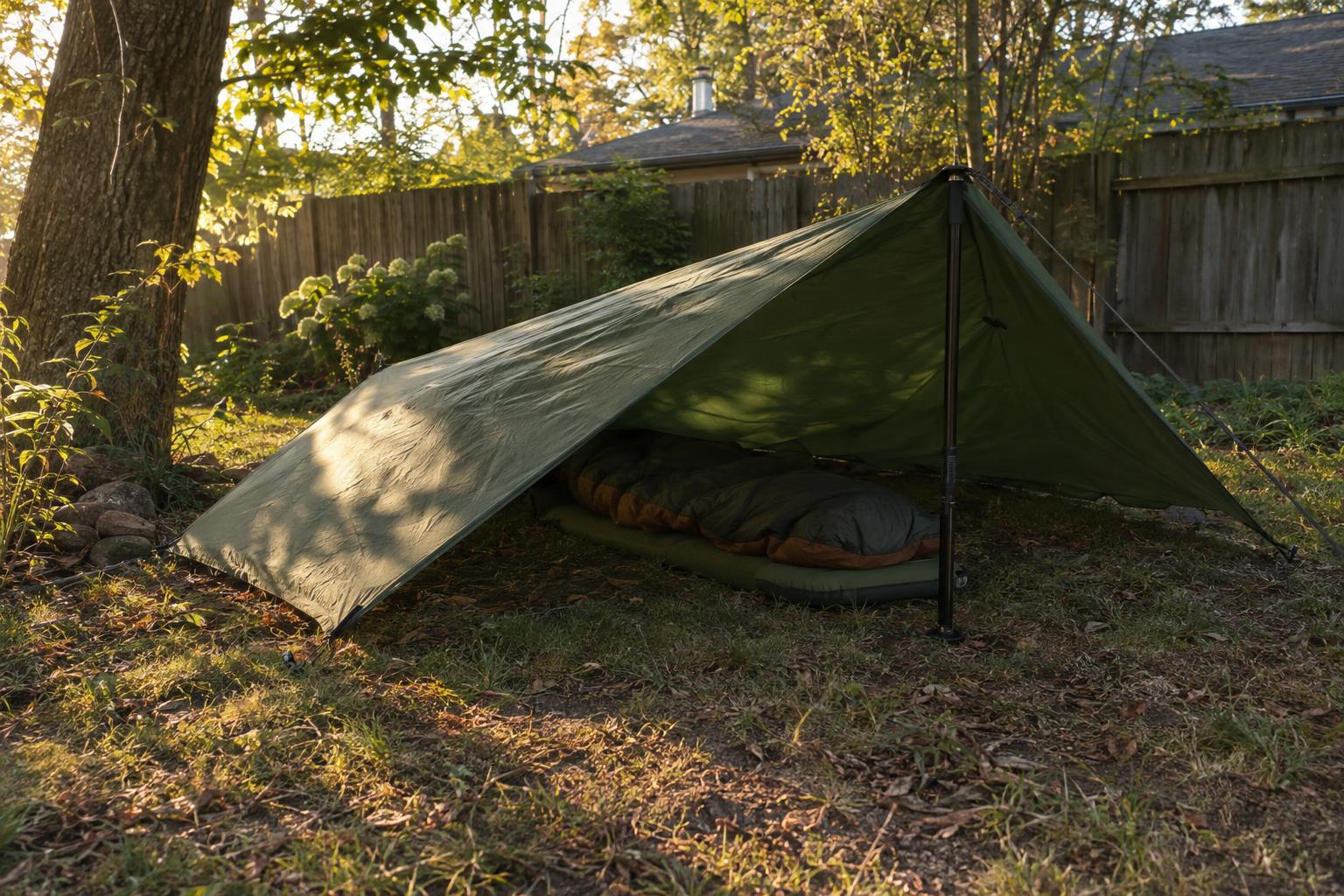 A simple tarp shelter pitched in a backyard in late-afternoon light