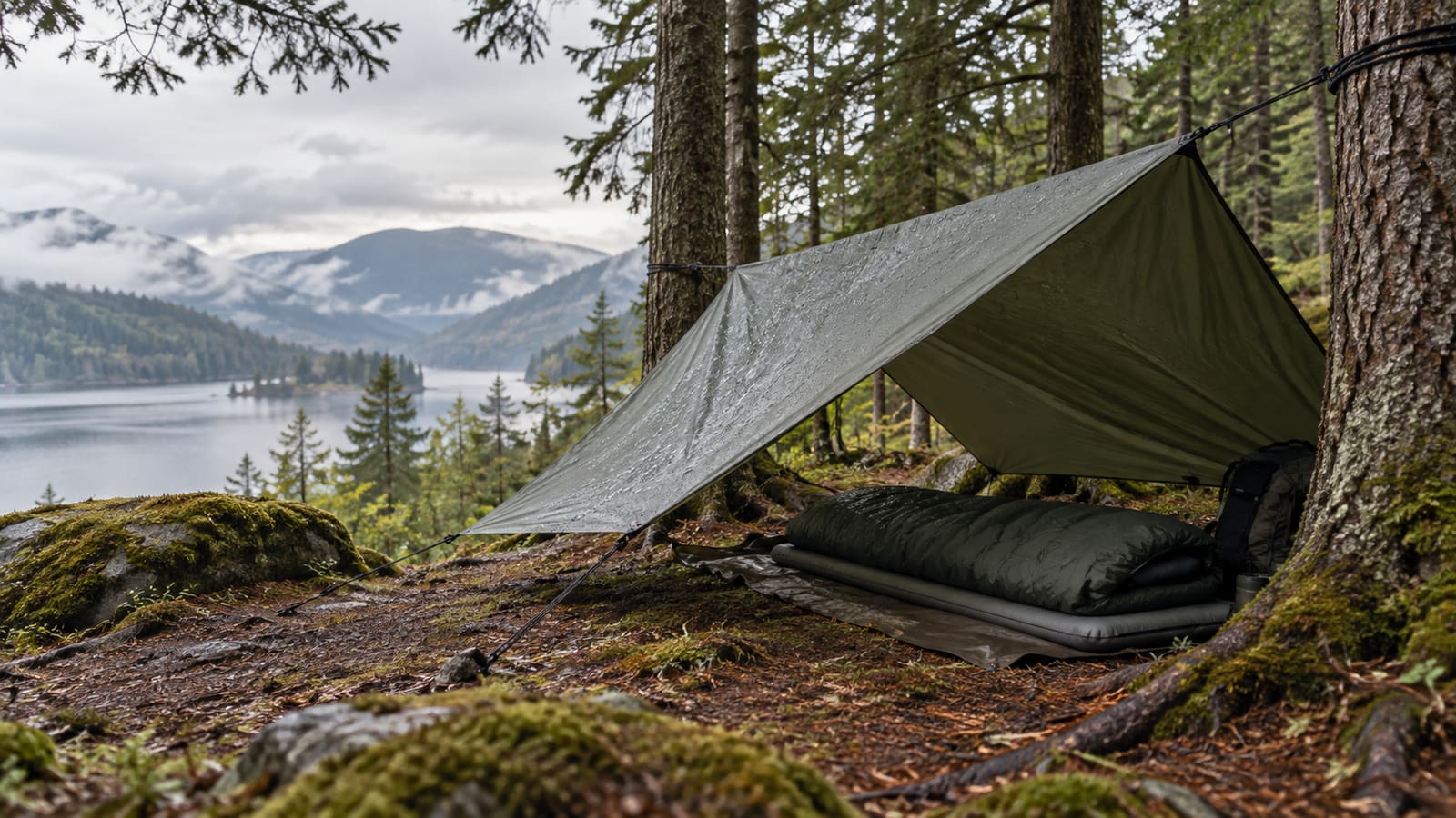 Simple emergency tarp shelter protecting a sleeping area from rain, wind, and cold ground