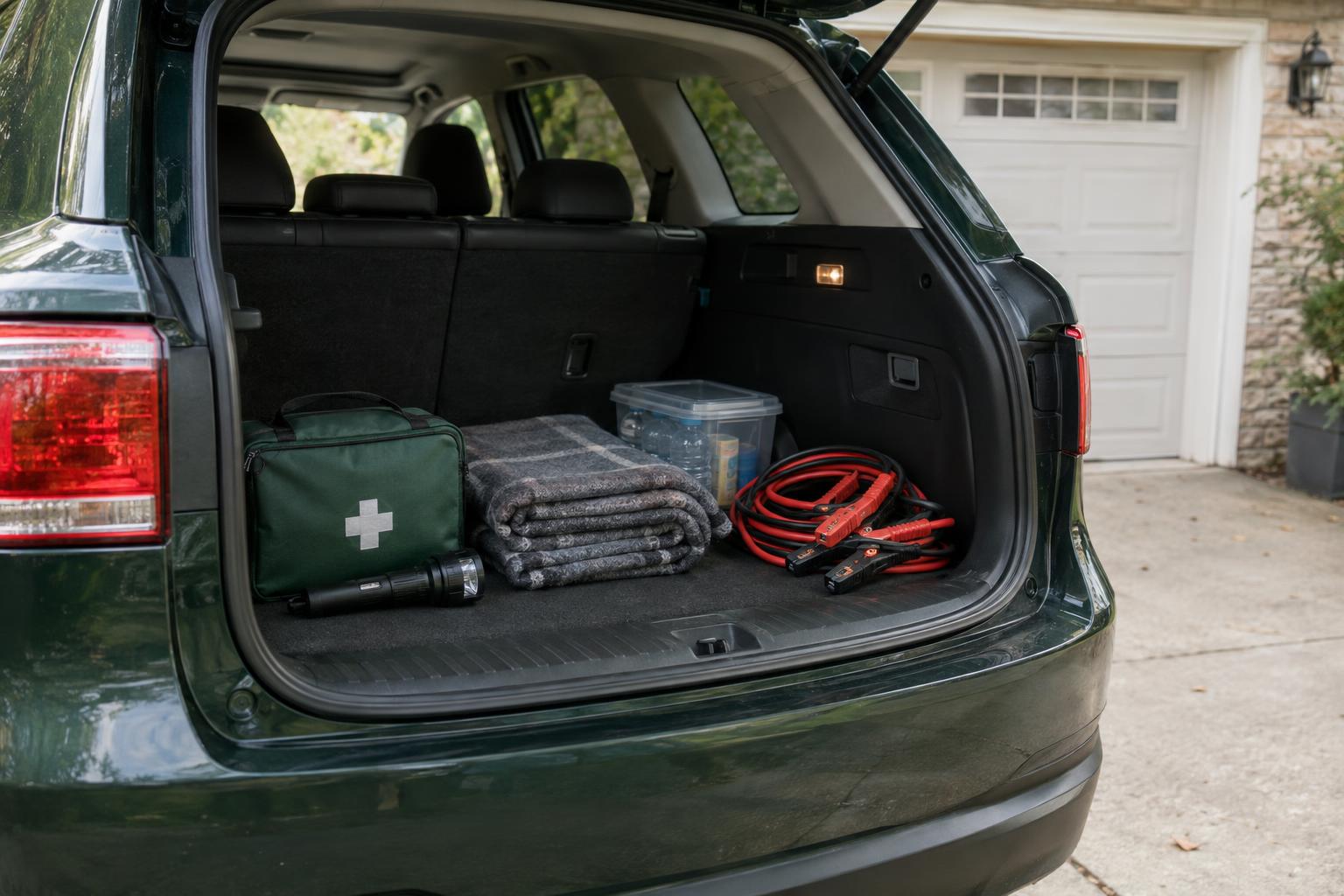 Organized emergency supplies in an open car trunk in the driveway