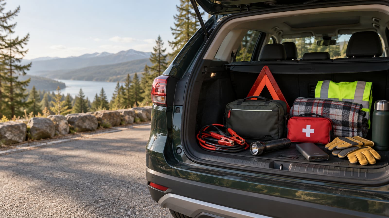 Organized emergency supplies stored in the trunk of a vehicle